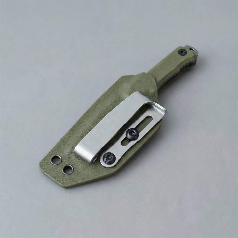 Micro EDC fixed blade knife detail with compact thermoplastic sheath