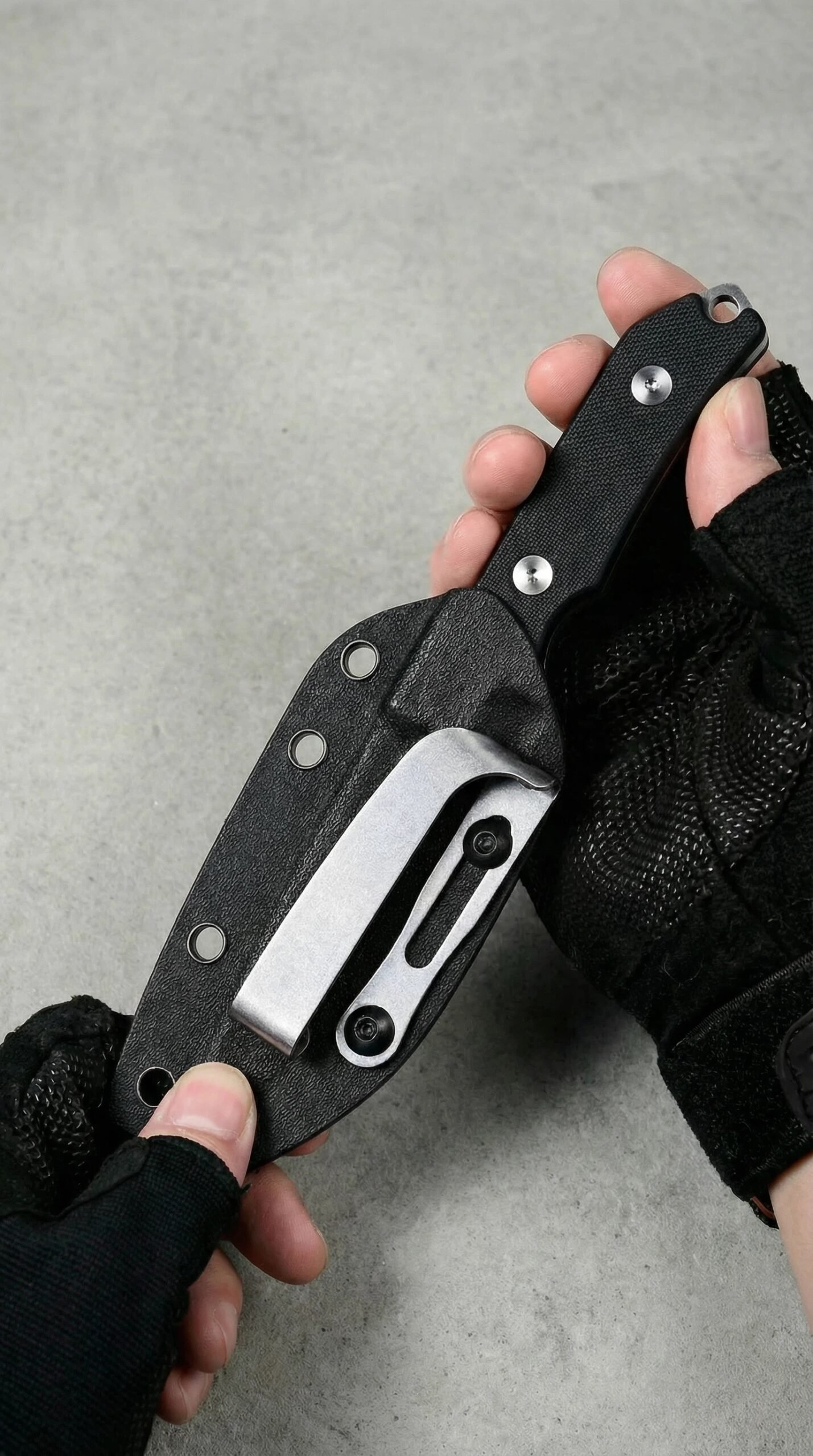 Everyday carry thermoplastic knife sheath with belt clip, compact EDC carry solution