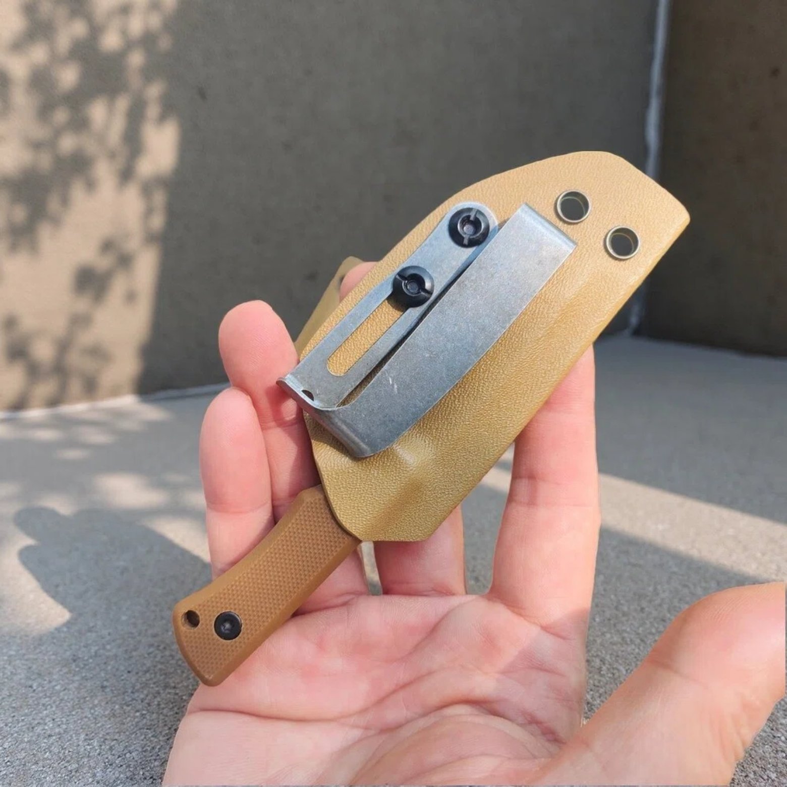 EDC fixed blade knife with compact thermoplastic sheath size reference